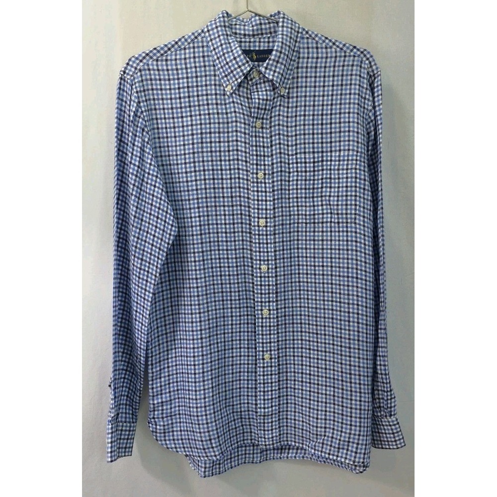 RALPH LAUREN Men's Small Shirt 100% Linen Plaid Button Down Blue/White